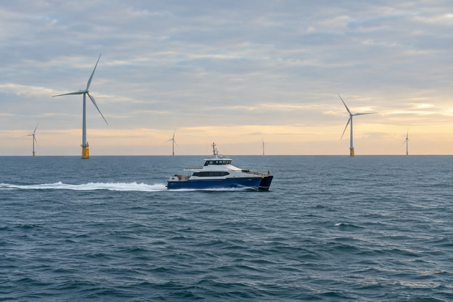 An offshore crew-transfer vessel transiting through an offshore wind farm at dusk.