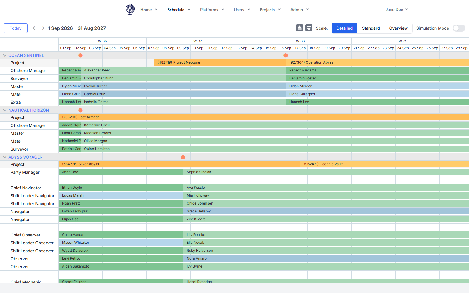 Crew Planner Pro schedule view showing crew rotations across three vessels, with roles, names, and active projects visible for each week.